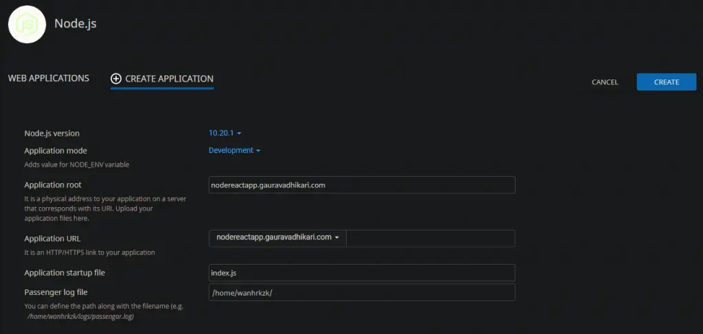 creating node js app in web hosting