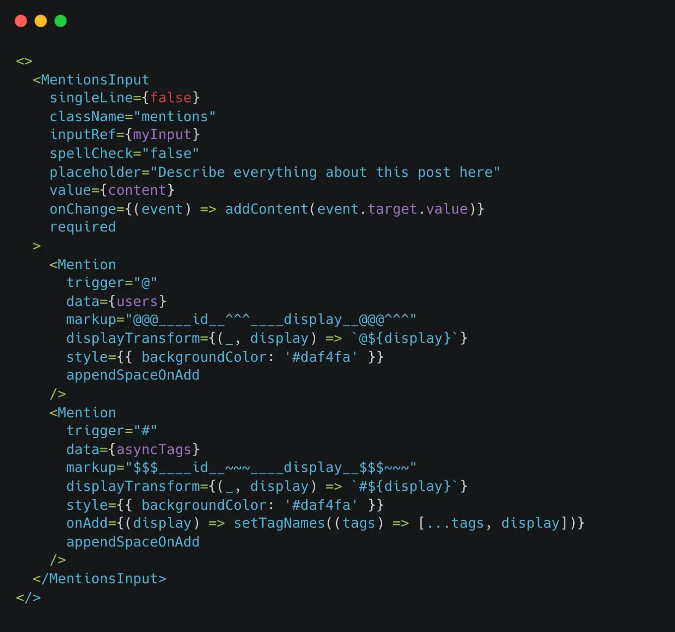 React Mentions Component with react-mentions library